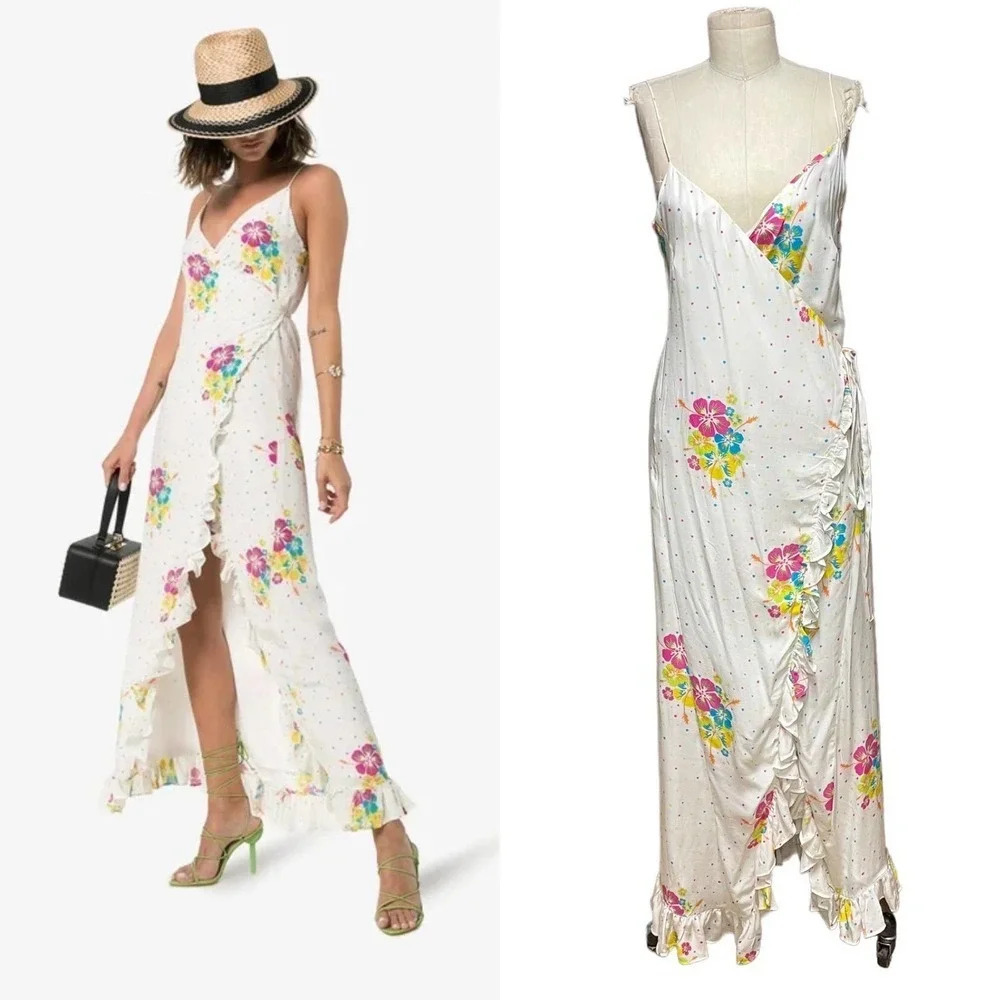 All Things Mochi Melanie Maxi Dress Wrap Floral Polka Dot Ruffle White Size XS‎